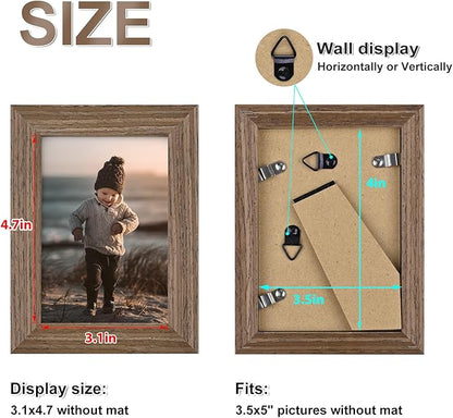 KINLINK 3.5x5 Picture Frame Brown Wood, Solid Wood Frames with Plexiglass for Table Top and Wall Mounting, Photo Frames for Horizontal or Vertical Display, 4 Pack
