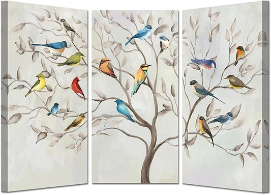 KREATIVE ARTS Large 3 Panel Canvas Prints Wall Art Birds on The Tree Branches Contemporary Painting Retro Style Picture Arts for Home Decoration Stretched Gallery Canvas Wrap Each 16x32Inches