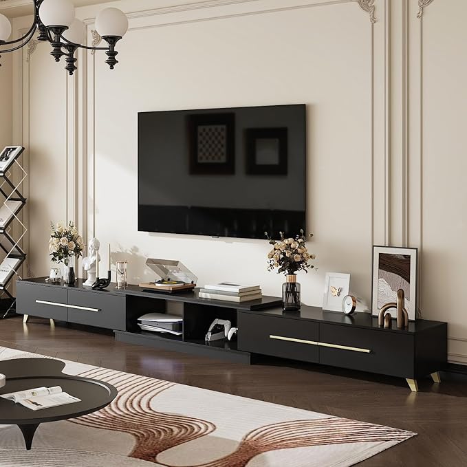 Modern TV Console Extendable Media Console, Adjustable Length, Contemporary Entertainment Center with Drawers and Legs, for Living Room Black and Gold (95”-133.9”W x 15.2”D x 13.1”H)