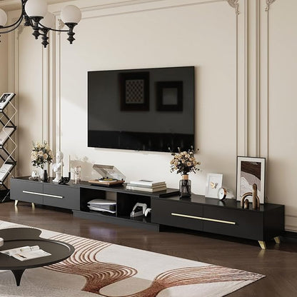 Modern TV Console Extendable Media Console, Adjustable Length, Contemporary Entertainment Center with Drawers and Legs, for Living Room Black and Gold (95”-133.9”W x 15.2”D x 13.1”H)