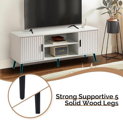 Modern TV Stand for 65 Inch TV, Entertainment Center with 2 Storage Cabinets and Adjustable Shelf, Solid Wood Feet, 4 Cord Holes, Strip Wave Media TV Console Table for Living Room Bedroom (White)