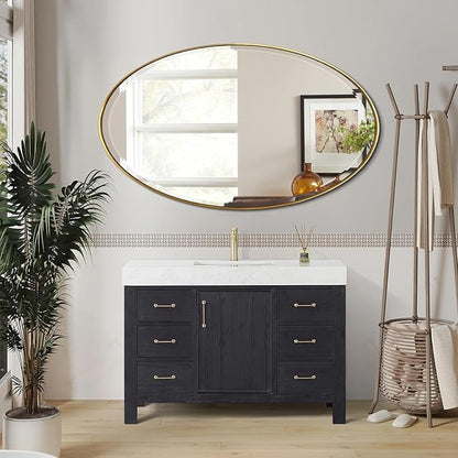 POZINO Oval Beveled Mirror, 28"x48" Brushed Gold Bath Mirror with Stainless Steel Frame, Modern Vanity Wall Mirrors for Living Room Bedroom Hallway Entryway, Hangs Vertically or Horizontally