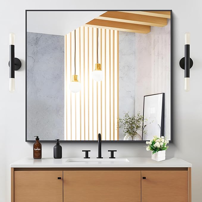 DESBING Black Bathroom Mirror for Wall, 36x40 Inch Rectangle Mirrors with Metal Frame, Modern Vanity Wall Mirror Decor for Entryway Hangs, Bathroom Living Room Horizontal or Vertical