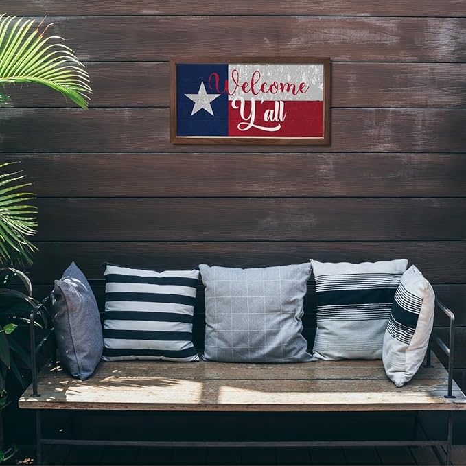 Welcome Y'all Sign for Front Door Decor, Texas Flag Wall Art, Welcome Decoration for Home, Rustic Wall Decoration, Wooden Framed Hanging Sign, 15×7.5×0.3 inches