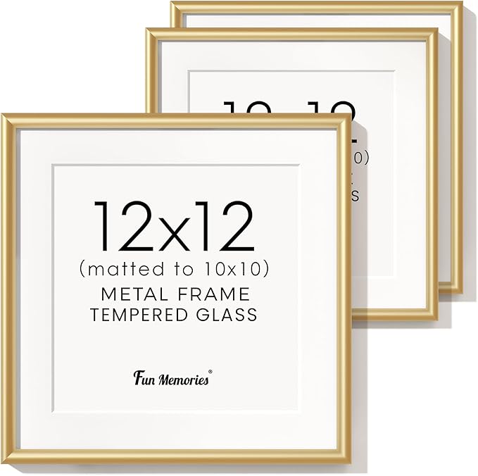 Fun Memories 12x12 Gold Picture Frame, 12 x 12 Metal Frame Set of 3, Modern Gold Aluminum Frames with Tempered Glass, Matted to 10x10, Square 12 by 12 Wall Gallery Frame Set