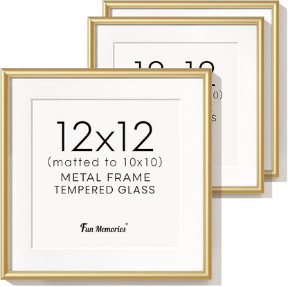 Fun Memories 12x12 Gold Picture Frame, 12 x 12 Metal Frame Set of 3, Modern Gold Aluminum Frames with Tempered Glass, Matted to 10x10, Square 12 by 12 Wall Gallery Frame Set
