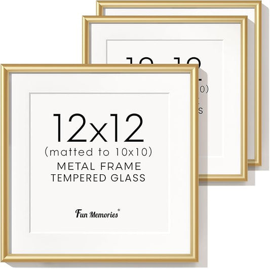 Fun Memories 12x12 Gold Picture Frame, 12 x 12 Metal Frame Set of 3, Modern Gold Aluminum Frames with Tempered Glass, Matted to 10x10, Square 12 by 12 Wall Gallery Frame Set