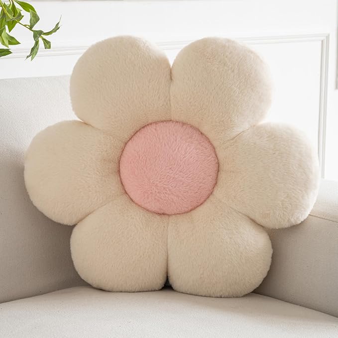 Flower Pillows, Decorative Pillows for Couch, Cute Daisy Pillow for Bed, Flower Shaped Decorative Throw Pillow Room Decor (Beige, 19.6 Inches)
