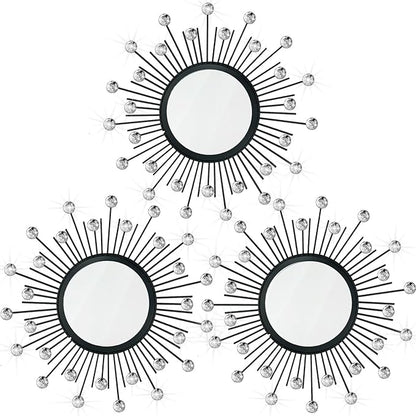 3 Pack Metal Mirrors for Wall Sunburst Wall Mirrors Home Décor Decorative Hanging Wall Art for Living Room Bedroom Entryway (Black Crystal, Sunburst)