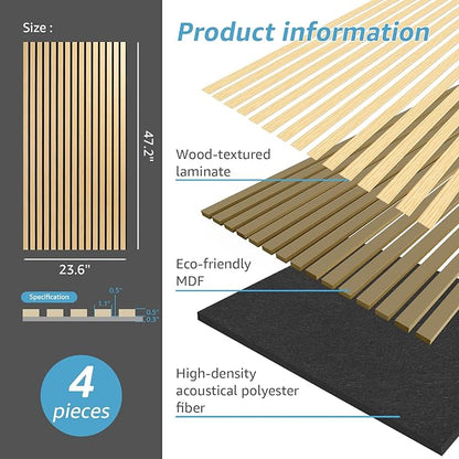 Art3d 4 Pack 47.2 x 23.6in. Wood Slat Acoustic Panels for Wall and Ceiling - 3D Fluted Sound Absorbing Panel with Wood Finish - Oak