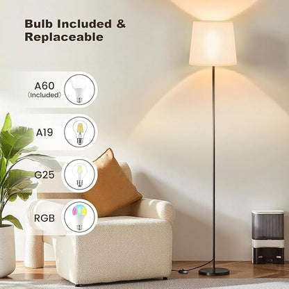 SIBRILLE Floor Lamp with White Shade, 62" LED Dimmable Standing Lamp with Foot Switch, Color Options, 9W E26 Bulb Included, Modern Reading Light for Living Room Bedroom Office Corner, Black