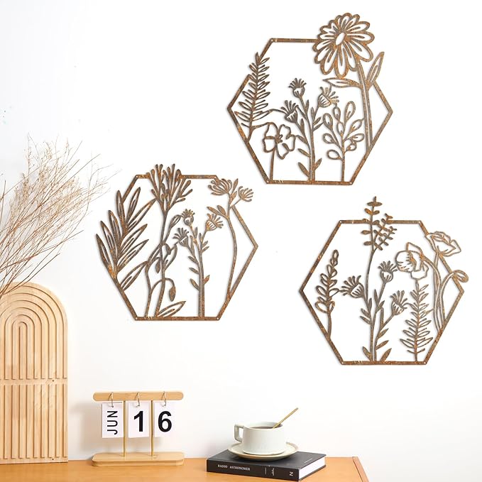 Peryiter 3 Pcs Metal Flower Wall Decor Minimalist Floral Wall Hanging Decor Metal Flower Rustic Floral Art for Spring Living Room Bathroom Kitchen Indoor Outdoor(Patina)