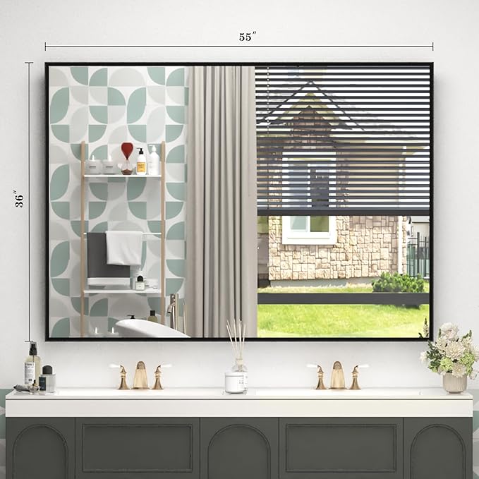 55" x 36" Matte Black Bathroom Mirror for Wall, Rectangular Beveled Vanity Mirror with Aluminum Alloy Frame, Right Angle Corner, HD Reflection, Horizontal or Vertical Mount