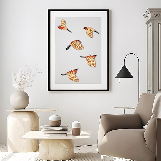 Vumyhuby 5 Pcs Orange Wooden Bird Wall Art | Rustic Folk Art Wall Decor for Indoor Use | Handcrafted Wood Flying Birds Wall Hangings for Living Room, Bedroom, Kitchen, Office | Scandinavian Home Decor Gift