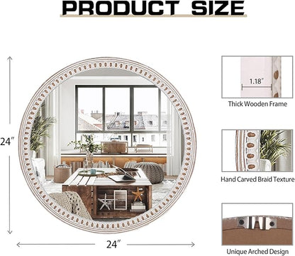 24 Inch Farmhouse Round Wood Mirror for Wall Decor, Rustic Decorative Circle Mirrors for Bathroom Over Sink, Living Room, Entryway, Bedroom