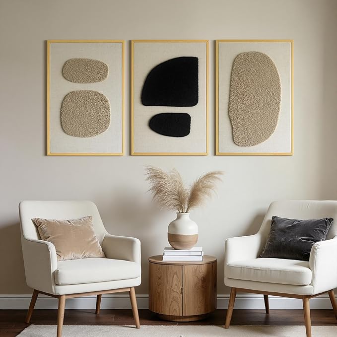 3D Textured Wall Art Bedroom, Set of 3 Abstract Geometric Minimalist Picture, Framed Linen Canvas Artwork for Living Room Office