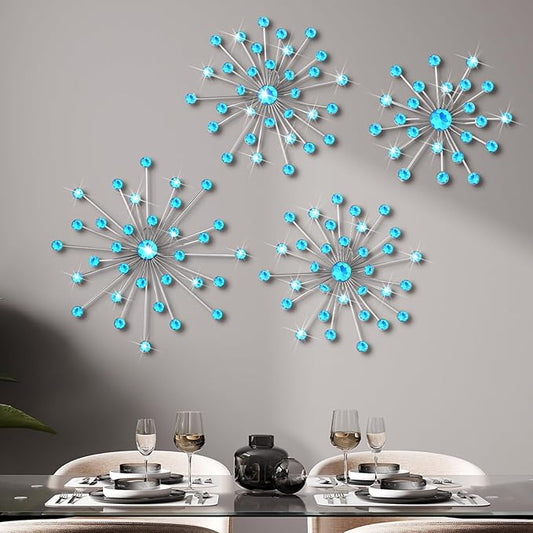 Funnymoom 4 Pcs Blue Starburst Wall Decor Metal Bling Wall Art Blue Crystal Sparkling Rhinestones Bling Decorative Hanging Diamond for Living Room Bedroom Home Office
