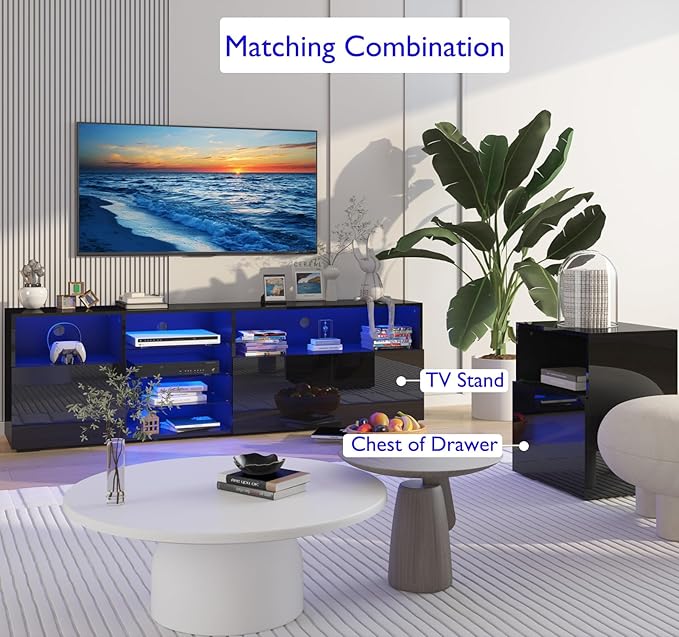 jiteentarou 79IN LED TV Stand for 75/80/85inch TV,High Glossy Modern TV Stand for Living Room,TV Entertainment Center with Adjustable Storage Shelf,RGB LED Lighting,TV Console(Black)