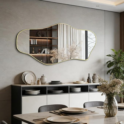 Irregular Wall Mirror, 63"x30" Large Asymmetrical Aesthetic Mirror, Gold Modern Organic Shape Frameless Mirrors for Living Room Bedroom Hallway Entryway, Horizontal or Vertical Hanging