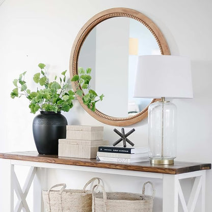 sawsile Round Wood Mirror,18 inch Circle Rustic Farmhouse Natural Wooden Frame Boho Beads Wall Mirror for Bathroom,Living Room,Bedroom or Entryway