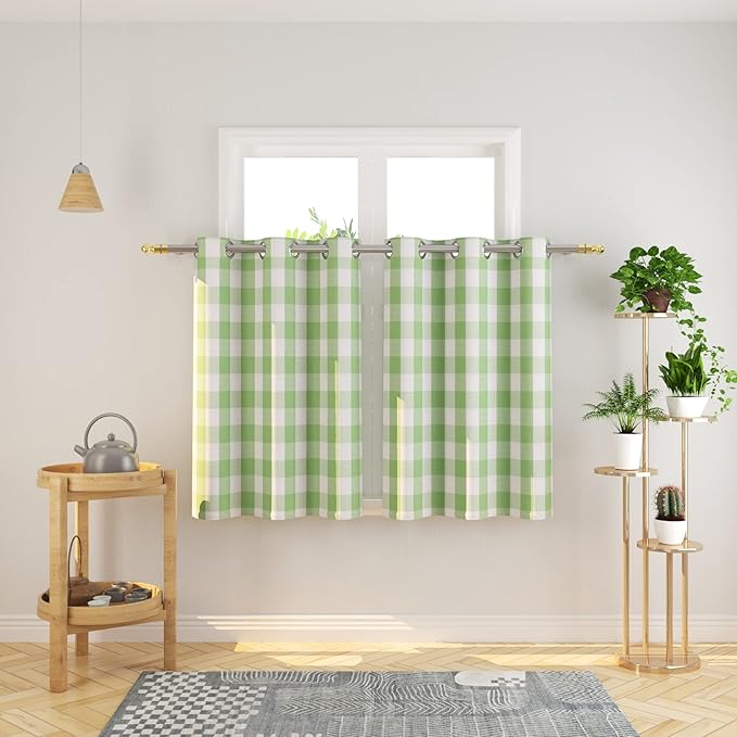 3 Pc Cotton Classic Country Farmhouse Kitchen Window Curtain Grommet Top -Mint Green & White Buffalo Check Tier & Valance Set, 54" x 18" / 32" x 36"