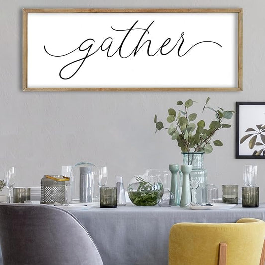 FZMHASLWW Gather Sign Wall Decor 32"×12" Large Wooden Framed for Dining Room Simple Home Kitchen Hanging Art (Wood)