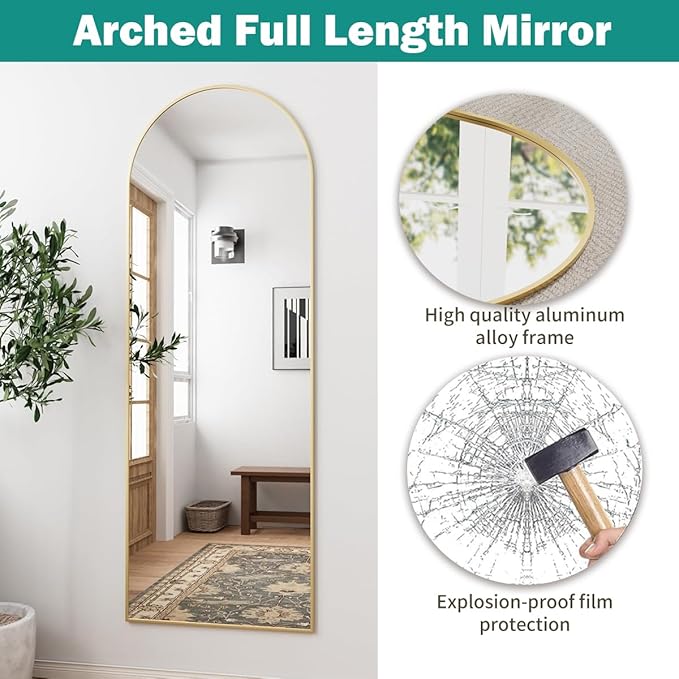 64''x21'' Arched Full Length Mirror with Stand, Full Body Mirror, Mirrors Full Length Floor Freestanding, Wall Mounted Mirrors for Bedroom Living Room Cloakroom (Gold)