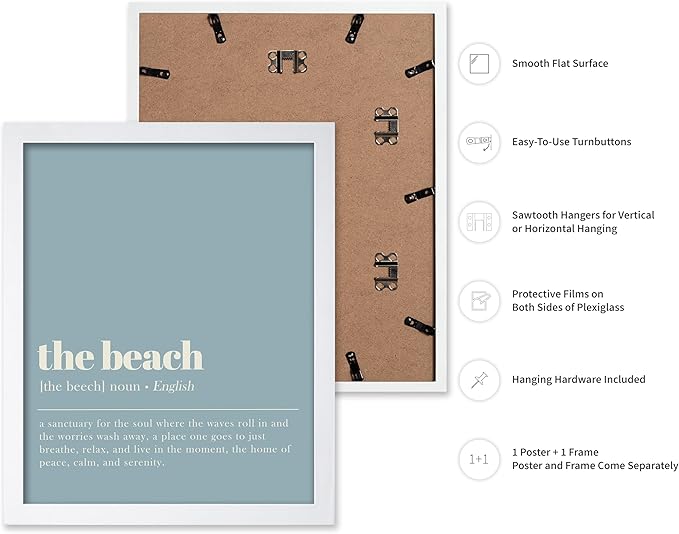 Poster Master Typography Poster - Dictionary Print - Beach Definition, Home of Peace and Calm, Sanctuary, Waves, Soul, Relax - Gift for Family, Friend - Wall Decor for Home, 16x20 White Framed