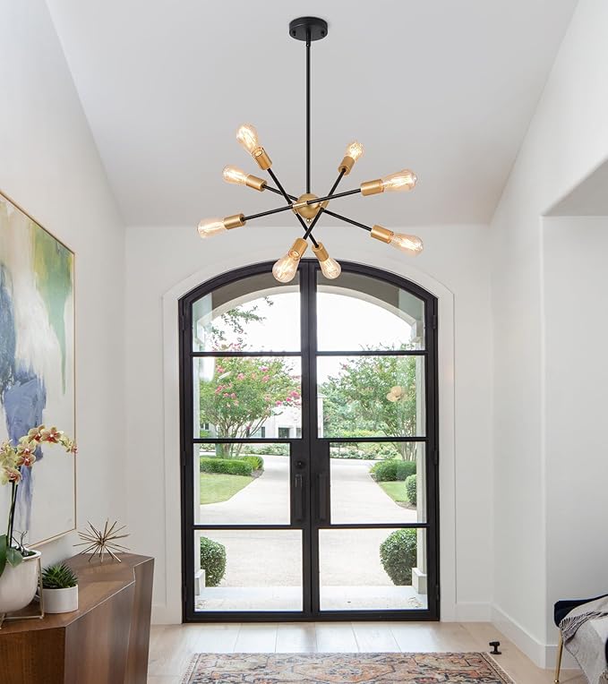 MEIXISUE 8 Lights Dining Room Light Fixtures Modern Sputnik Chandelier Black and Gold Mid Century Pendant Light for Kitchen Island Entryway Foyer Living Room UL Listed