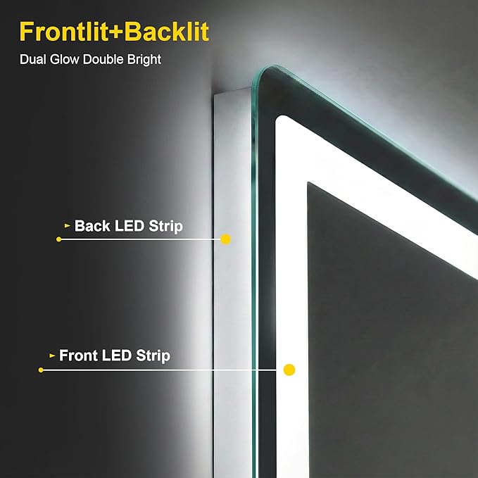LED Bathroom Mirror with Lights - Anti-Fog, Dimmable, Backlit+Frontlit, 3 Color Light - 50"x30" Lighted Vanity Mirrors for Wall, Shatterproof Tempered Glass, Memory Function