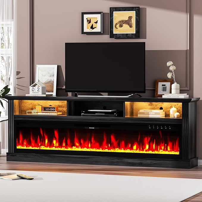 58" Fireplace TV Stand, TV Stand with 52" Fireplace, LED Light Entertainment Center with Storage Cabinets, Modern Media TV Console TV Table for Living Room, Black