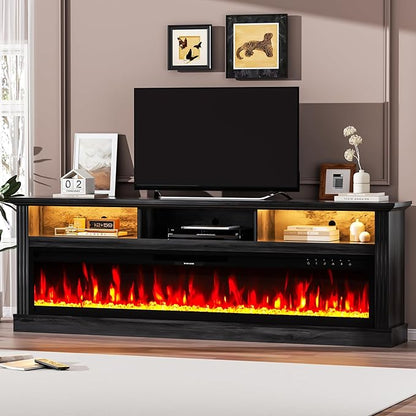 58" Fireplace TV Stand, TV Stand with 52" Fireplace, LED Light Entertainment Center with Storage Cabinets, Modern Media TV Console TV Table for Living Room, Black