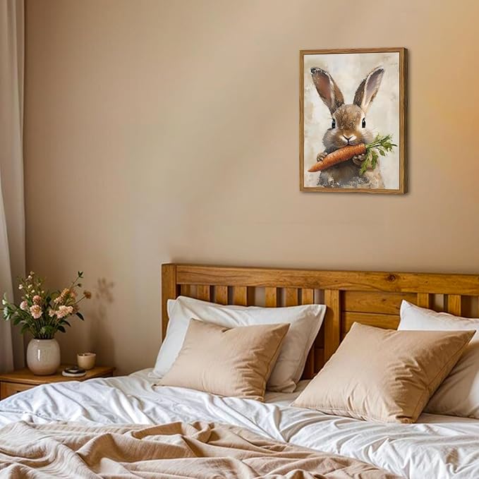 Framed Vintage Rabbit Canvas Wall Art, Cute Easter Bunny with Carrot Pictures Wall Decor, Spring Farmhouse Animal Paintings Prints Cottagecore Home Decor for Living Room kitchen Nursery 12x16 inch