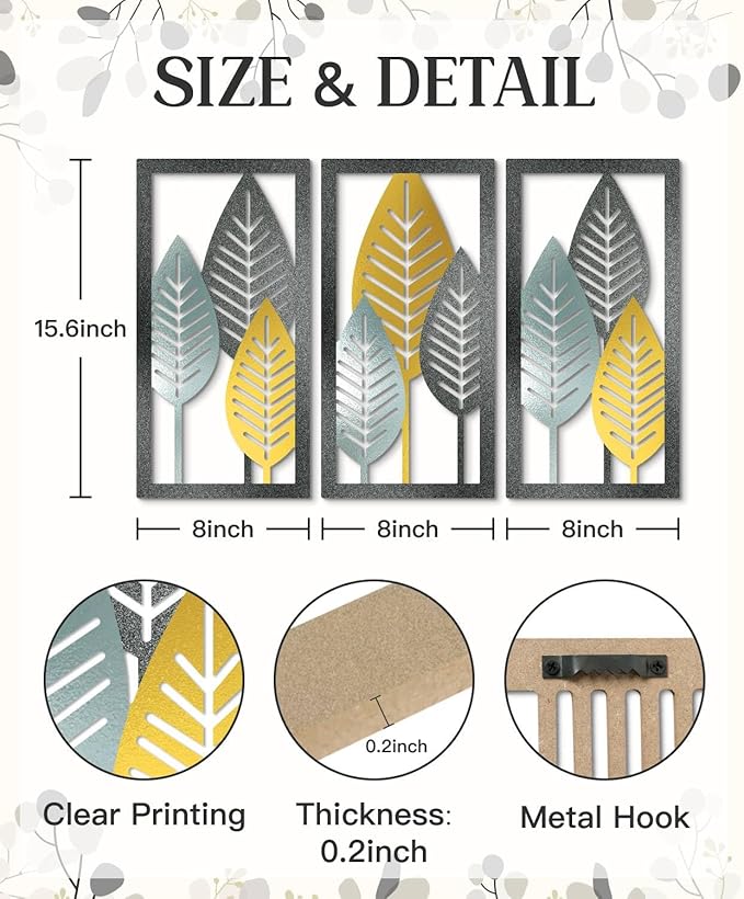 Putuo Decor Leaf Boho Wall Art Set of 3, Botanical Mid Century Nature Wall Decor, Modern Tree Hanging Art for Living Room Bedroom