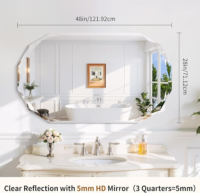 GLASHOM Frameless Oval Bathroom Mirror, 48x28 Inch Vanity Mirror for Over Sink with Beveled Edge, Decorative Wall Mirror for Bedroom, Living Room and Entryway, Hangs Horizontally or Vertically