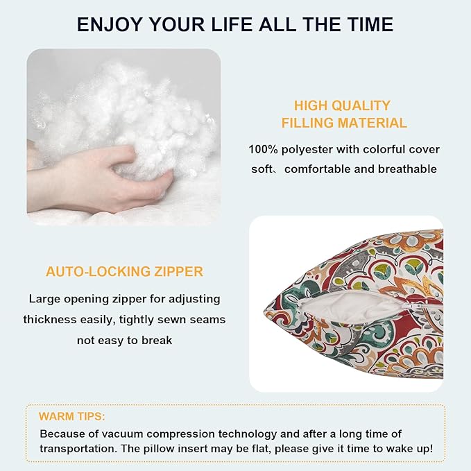 DYTXIII Pack of 2 Waterproof Outdoor Pillow with Inserts, 18x18 Square Patio Decorative Throw Pillow for Home,Sofa,Bench and Patio Furniture,Paisley Chilli