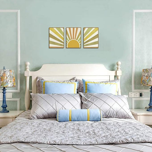 Bwodke Boho Wall Art, Framed Abstract Sunshine Wall Art, Sun Rising Neutral Canvas Wall Decor, Mid Century Geometric Pictures Set of 3, Minimalist Paintings, for Bedroom Living Room Bathroom 12"x16"