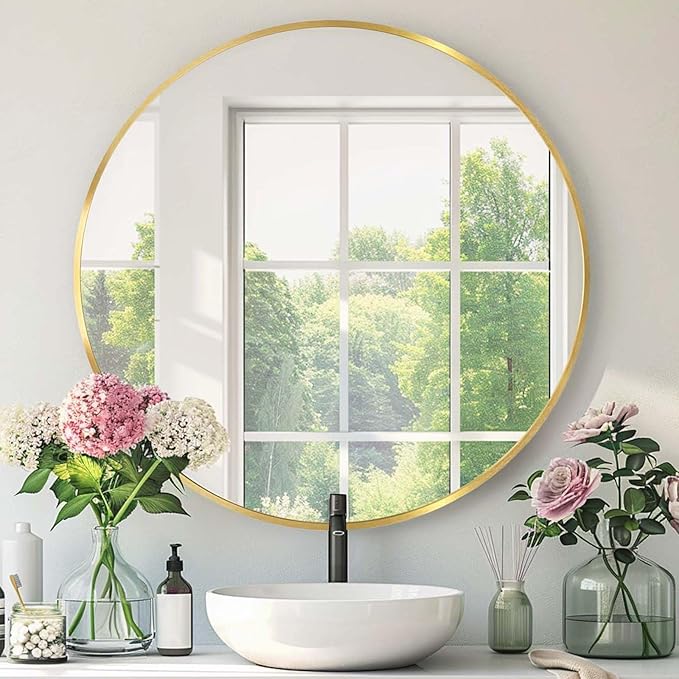 Round Gold Mirror, 24 Inch Circle Gold Mirror, Metal Frame Round Wall Mounted Mirrors for Bathroom, Living Room, Bedroom, Entryway, Vanity, Golden, Brass