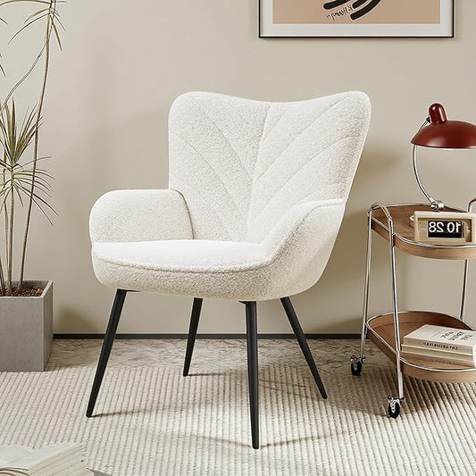 MALOL Mid-Century Sherpa Upholstered Accent Chair, Cozy Armchair with Curved Backrest, Sturdy Metal Legs, Soft Fabric Chair for Living Room, Bedroom & Reading Area,Beige