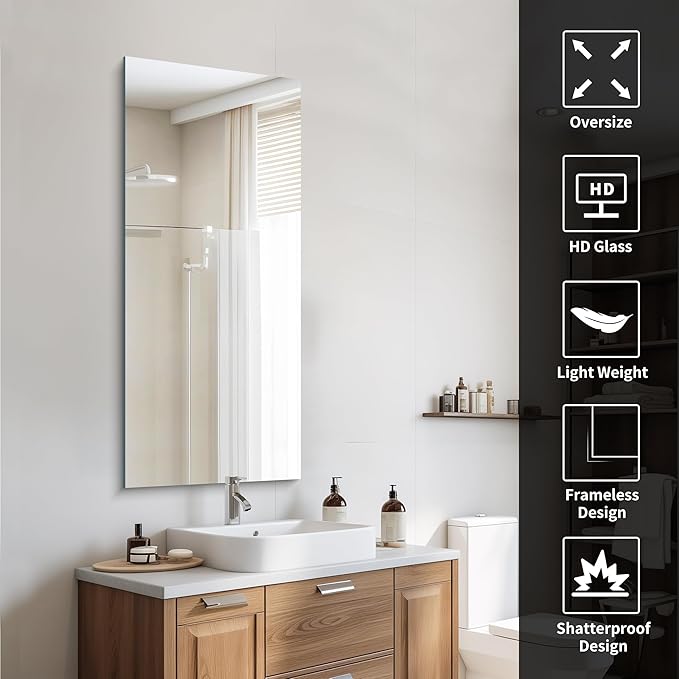 CILIBER Frameless Mirror, 20x48 Mirrors for Wall, Rectangle Bathroom Mirror for Over Sink, Frameless Vanity Mirror with Polished Edge, 3mm Tempered Glass, Hangs Horizontally or Vertically