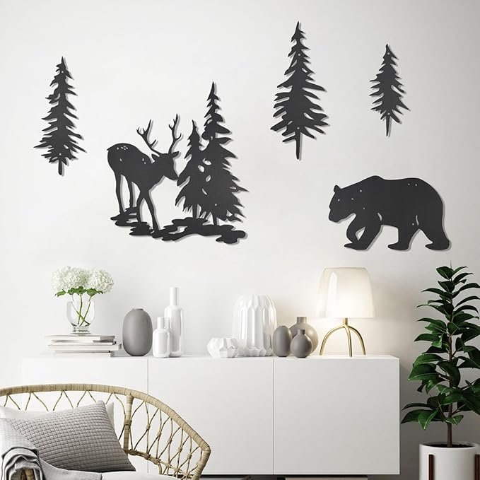 OYEFLY 5 Pieces Deer Bear Pine Tree Wall Decor,Rustic Wood Art Wall Decor (Black)