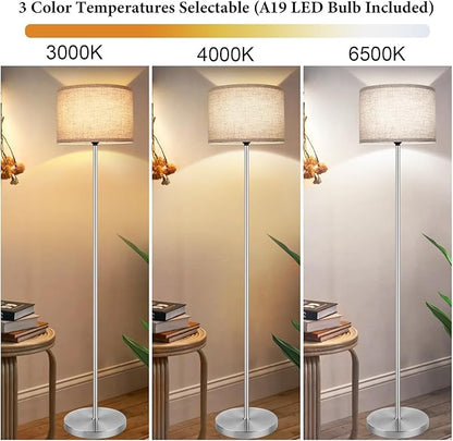 65‘’Modern Simple Floor Lamp Foot Switch, Silver Standing Lamp for Living Room with 3-Color Changing LED Bulb, Dimmable LED Floor Light for Bedroom Kid Office, Stand Up Lamp with Linen Shade, E26 Base
