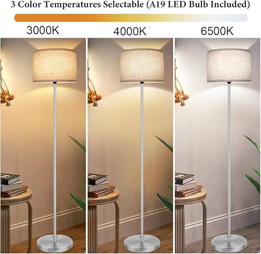 65‘’Modern Simple Floor Lamp Foot Switch, Silver Standing Lamp for Living Room with 3-Color Changing LED Bulb, Dimmable LED Floor Light for Bedroom Kid Office, Stand Up Lamp with Linen Shade, E26 Base