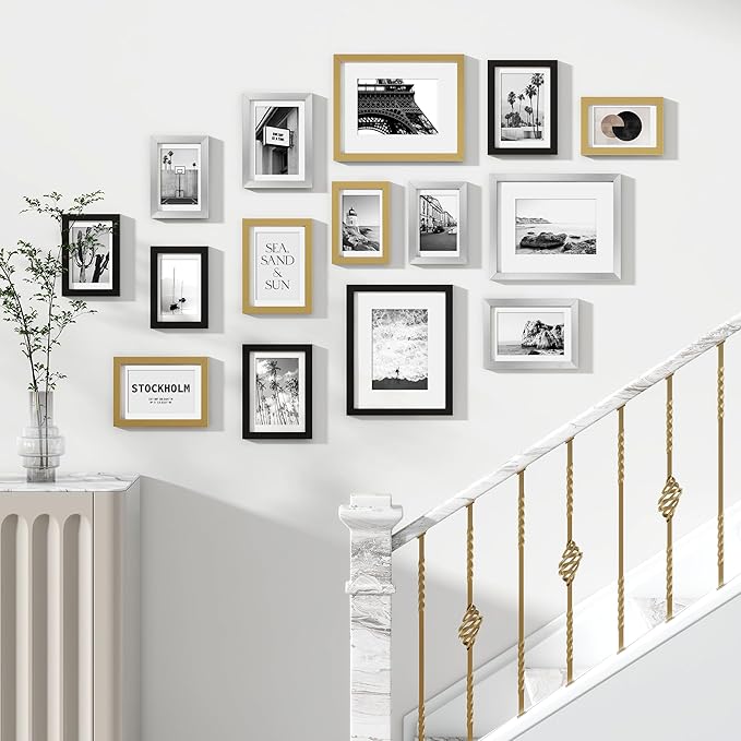 Venusmiles 15 Pack Picture Frames Collage Wall Decor, Gallery Frame Set for Wall Mounting or Tabletop Display, Multi Sizes Including 3pcs 8x10, 6pcs 5x7, 6pcs 4x6, Black+Silver+Gold
