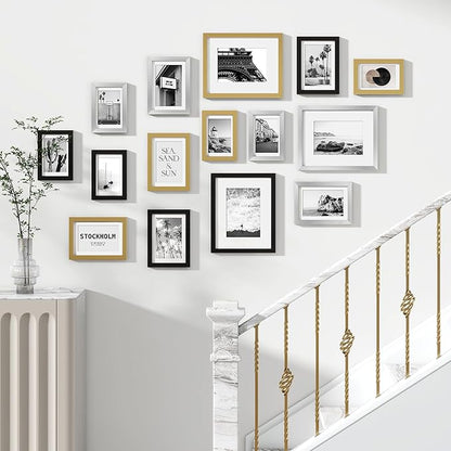 Venusmiles 15 Pack Picture Frames Collage Wall Decor, Gallery Frame Set for Wall Mounting or Tabletop Display, Multi Sizes Including 3pcs 8x10, 6pcs 5x7, 6pcs 4x6, Black+Silver+Gold