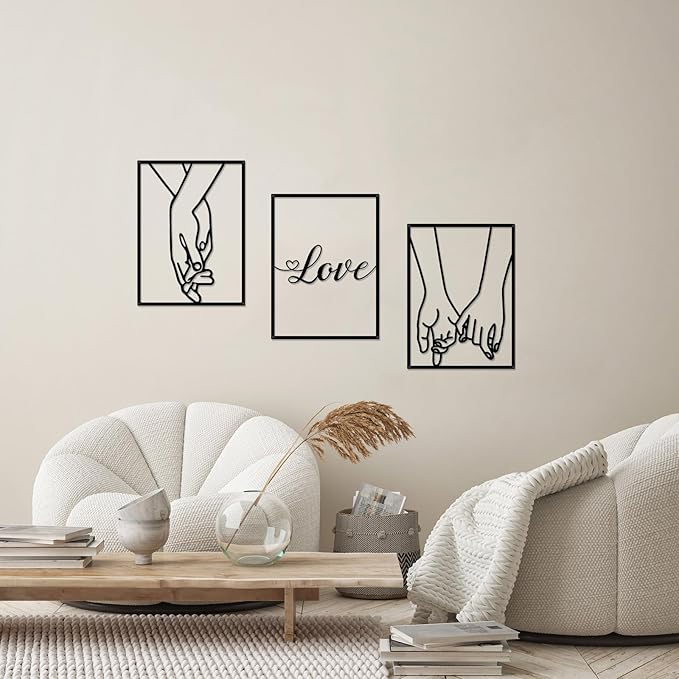 EDCIJB 3 Pcs Love Hands Minimalist Black Metal Wall Art Valentines Day Wall Decor Abstract Love Heart Black Couple Wall Art Decor for Bedroom Living Room