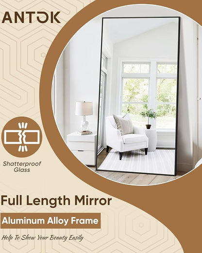 Antok 76''x34'' Full Length Mirror, Shatterproof HD Oversized Floor Mirror with Stand, Aluminum Alloy Frame Leaning Standing or Wall Mounted Mirror for Bedroom Living Room Entryway, Black