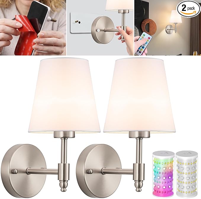 Vimhou Peel and Stick Wall Sconces, Stick On Wall Sconce Set of 2, Battery Operated Wireless Wall Light, No Drill Adhesive Wall Lamp, Corn Bulb with 10000mAh Rechargeable Battery, Bedroom Wall Decor