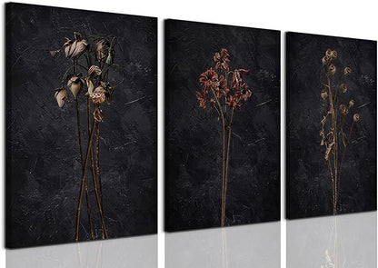 LYPHNX Framed Dark Moody Wildflowers Canvas Wall Art Black Vintage Dried Floral Wilderness Botanical Painting Poster Set of 3 Nature Prints Picture Wall decor for Living Room Bedroom Office 12"x16"