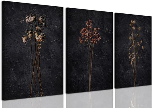 LYPHNX Framed Dark Moody Wildflowers Canvas Wall Art Black Vintage Dried Floral Wilderness Botanical Painting Poster Set of 3 Nature Prints Picture Wall decor for Living Room Bedroom Office 12"x16"